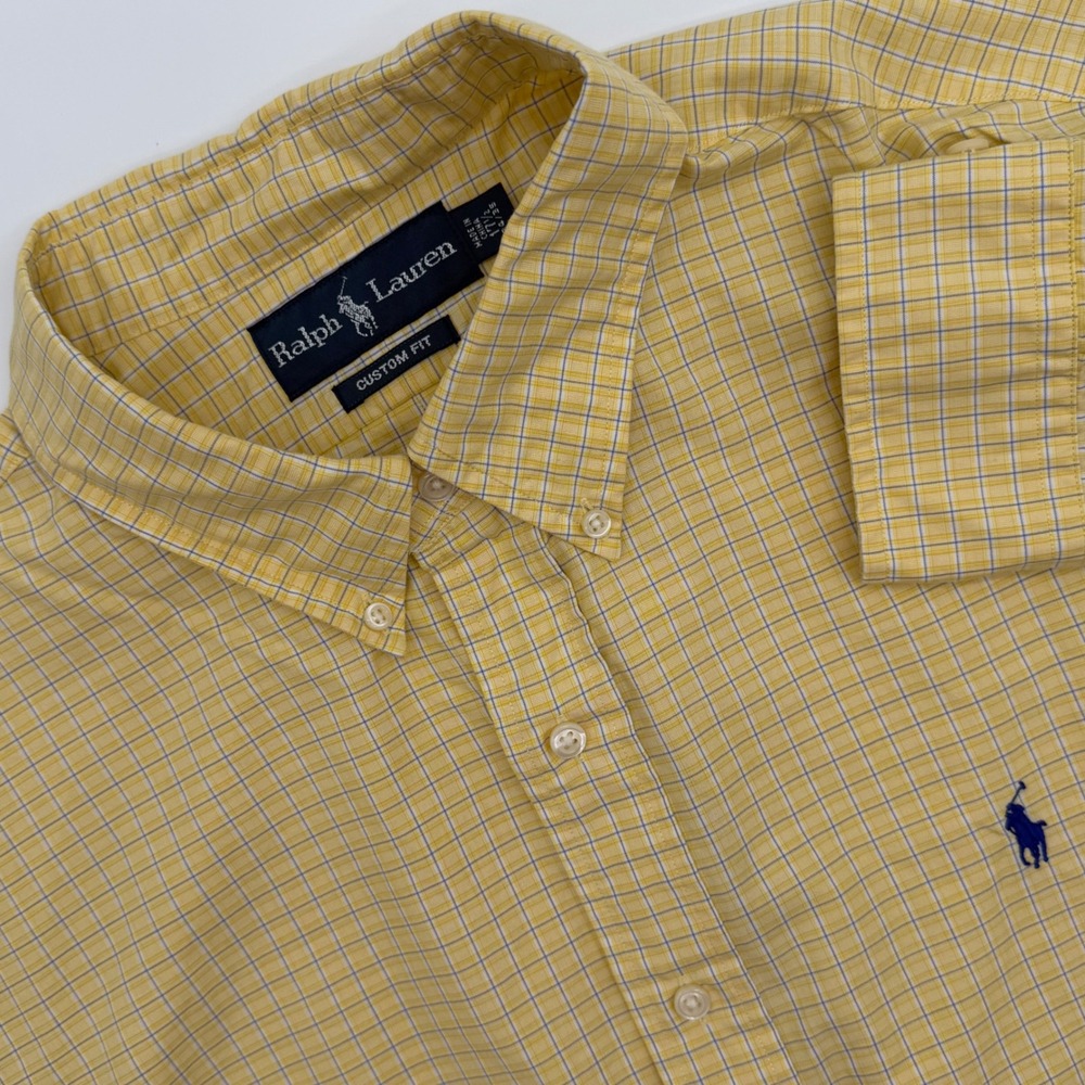 Polo Ralph Lauren Mens Custom Fit Plaid Button Down Shirt Yellow Blue 17.5 34/35